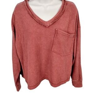 BKE Womens S V-Neck Waffle Knit Top Terracotta Mixed Media Gorpcore Boho
